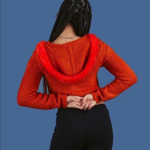 Unif NWT Fuku Orange Fuzzy Hooded Cropped Cardigan Sweater XS - Picture 5 of 12